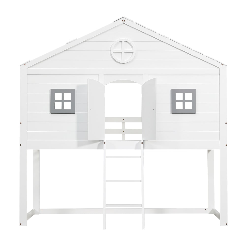 OKWISH Hochbett aus Kiefer mit Treppe und Bettgitter 90x200 cm, weiß Holz Baby