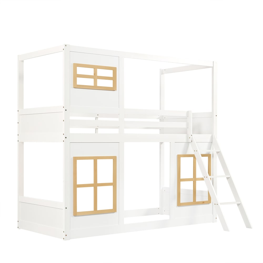 Lit superposé en pin blanc avec fenêtres et échelle 90 x 200 cm Lit superposé en pin blanc avec fenêtres et échelle 90 x 200 cm
