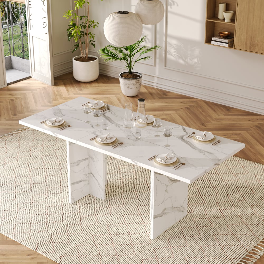 Esstisch aus MDF ausziehbar mit T-Beinen 140/180x80x75 cm, weiß -
