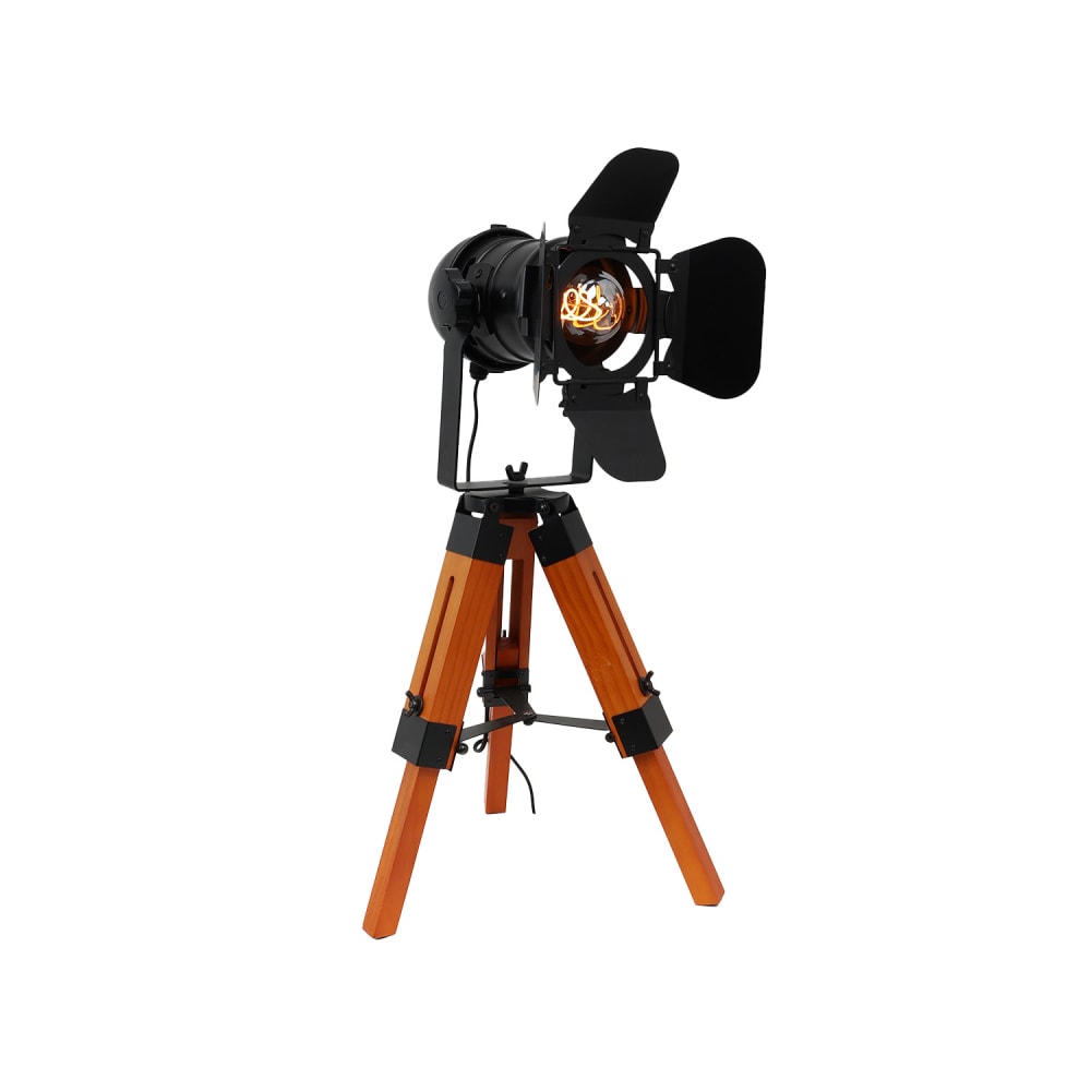 Lampe de table trépied style cinéma en bois et métal noir H. 62 cm