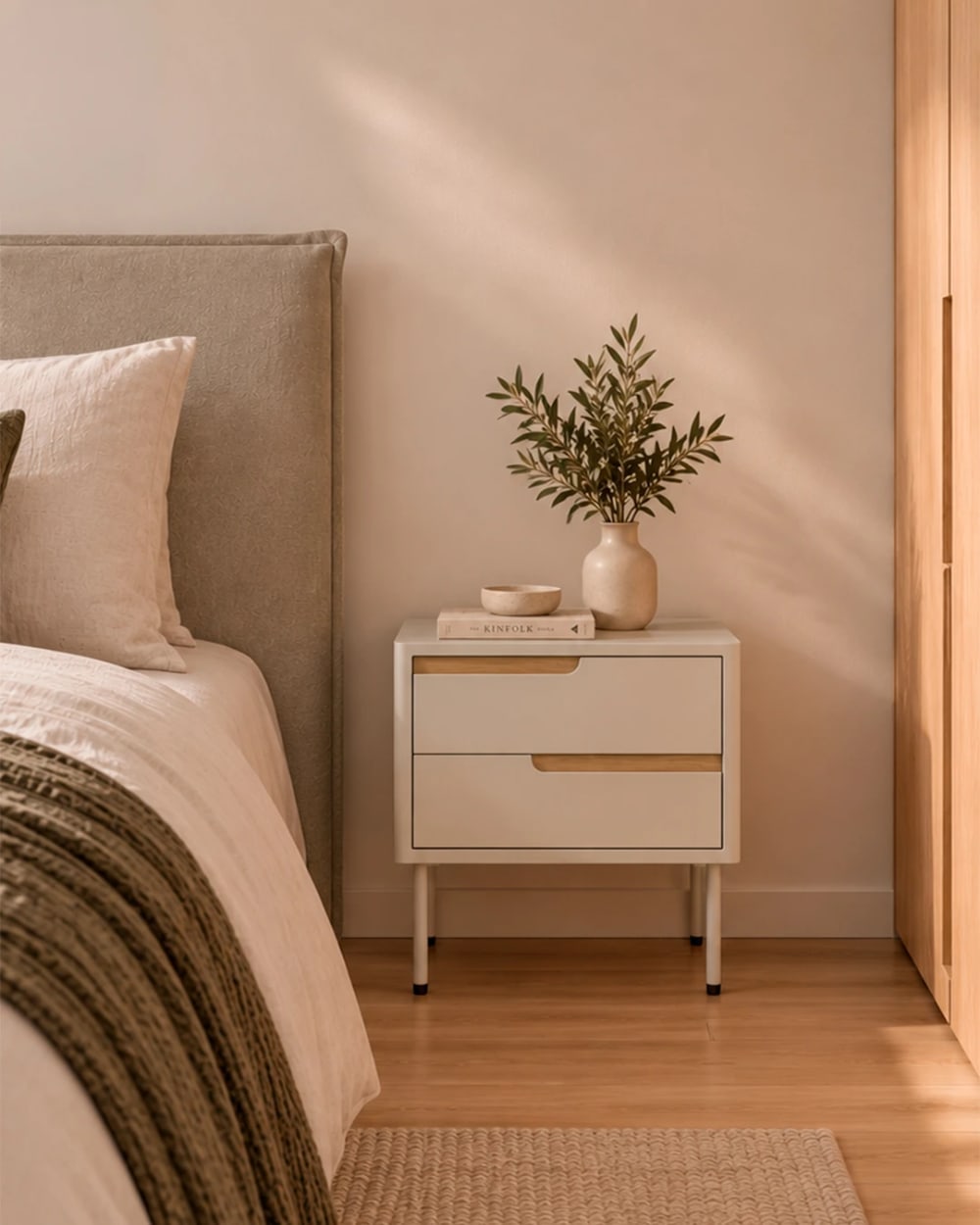 Moderner Nachttisch, 60 cm, beige, mit 2 Schubladen - Maisons Du