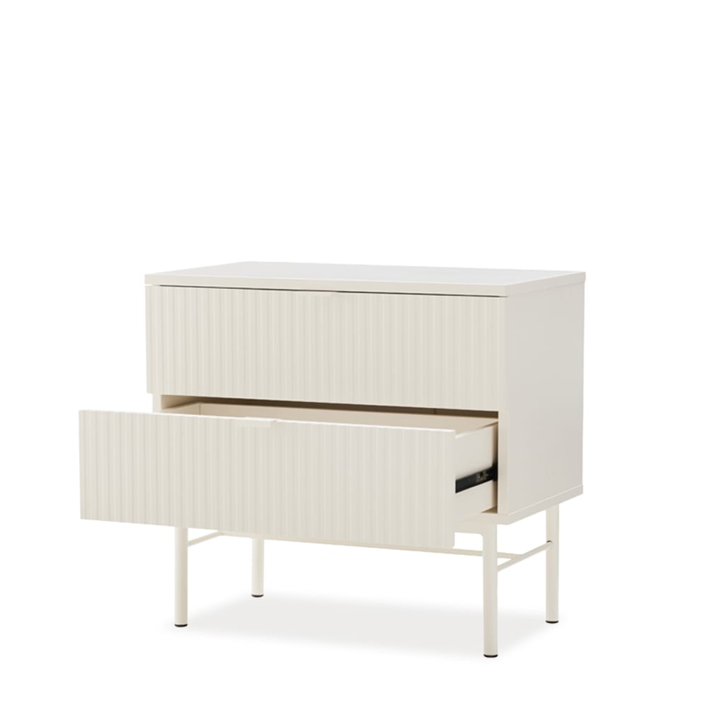 Table de chevet de 60 cm avec 2 tiroirs, blanche, design cannelé