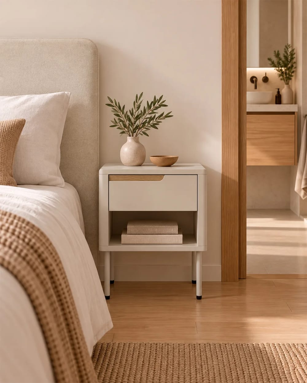 Moderner Nachttisch, 45 cm, beige, mit Schublade und Ablagefläche