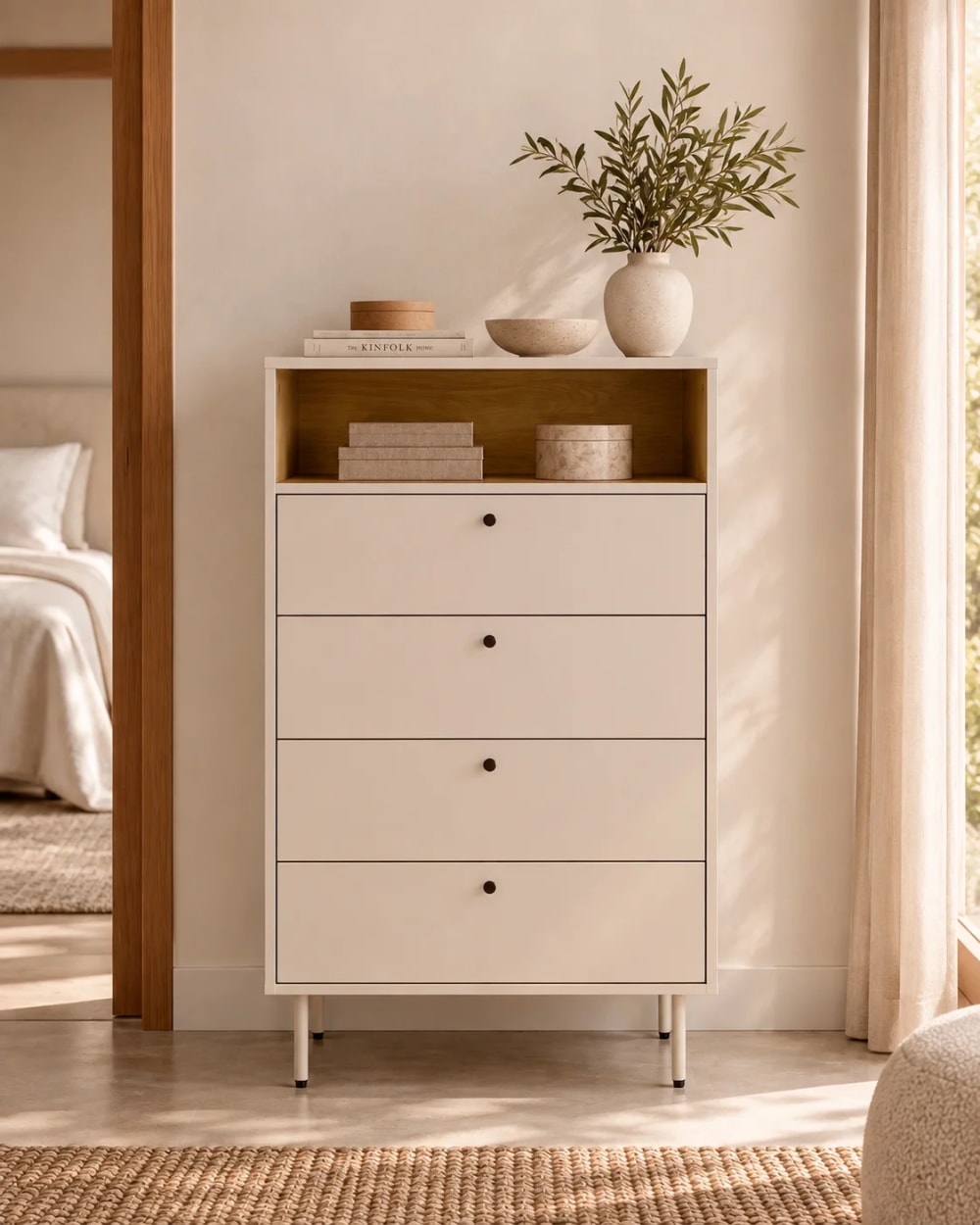 Beige hohe Kommode mit 5 Schubladen und offenem Fach - Maisons Du
