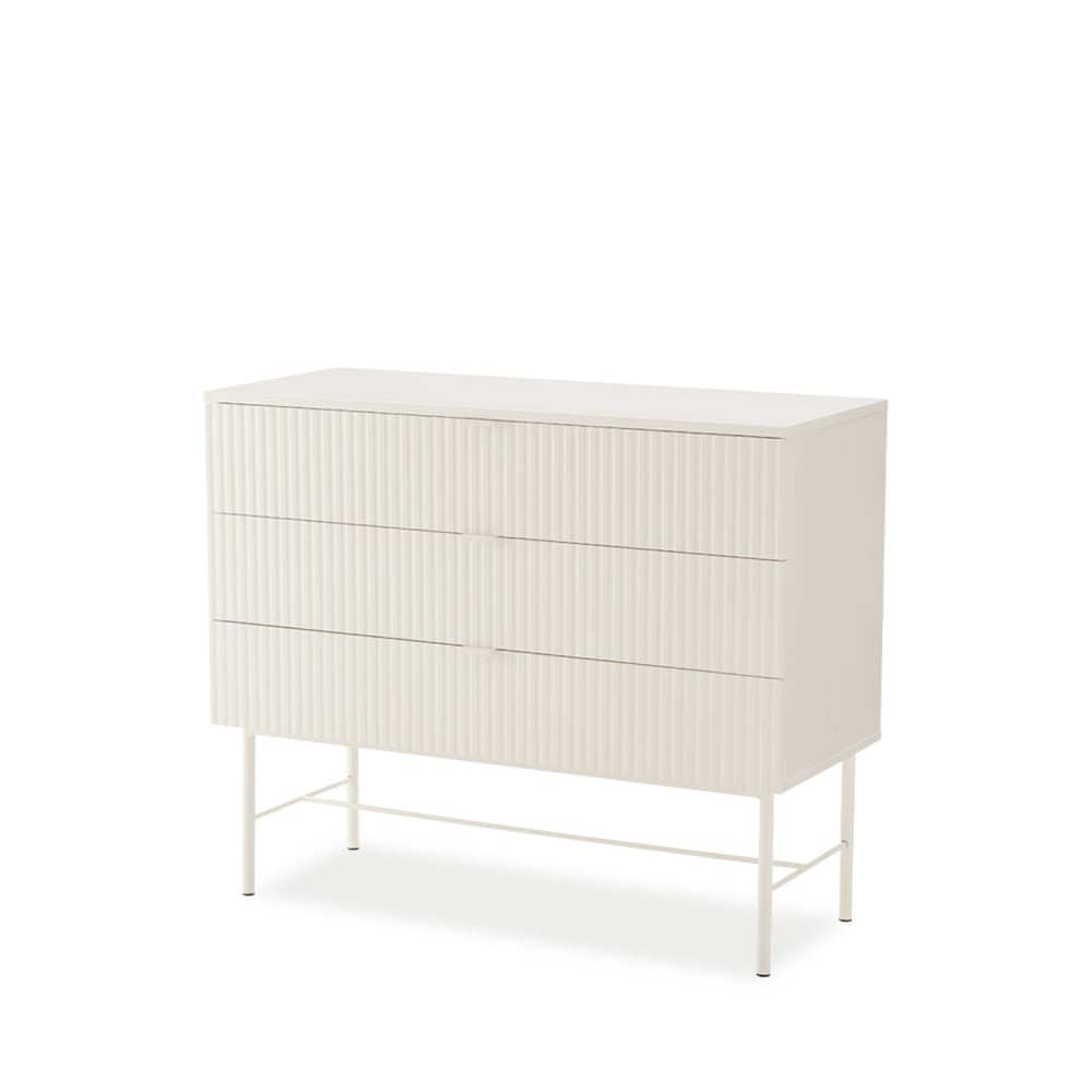 Commode à 3 tiroirs, blanche, à motifs cannelés