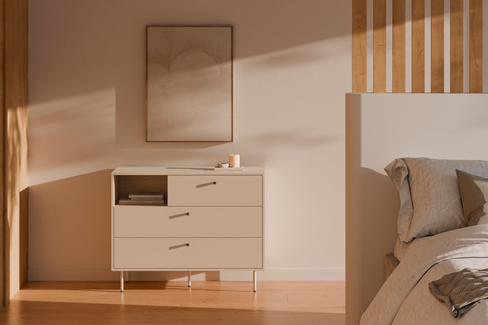 Beige Kommode mit 3 Schubladen und offenem Fach - Maisons Du