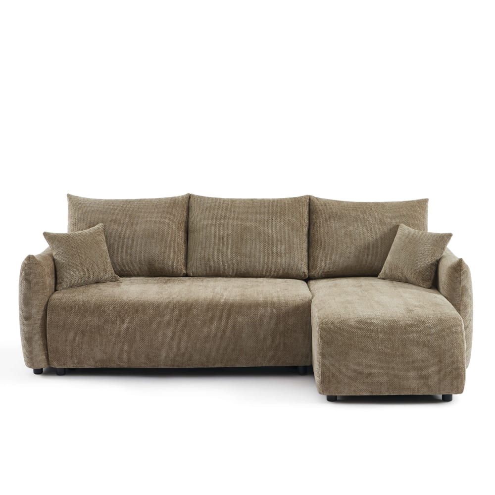 Canapé d'angle convertible en tissu chenille 4 places marron