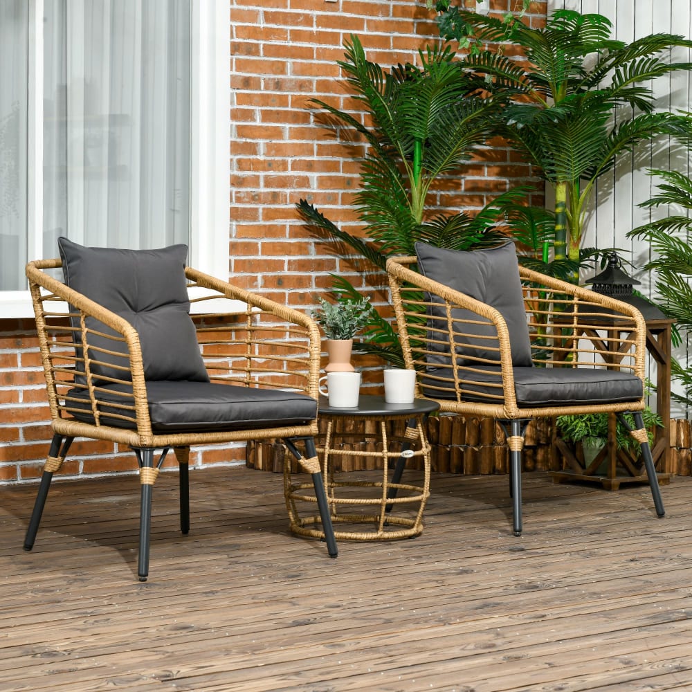 3-teiliges Rattan Gartenmöbel-Set mit Kissen, Sand+Dunkelgrau -