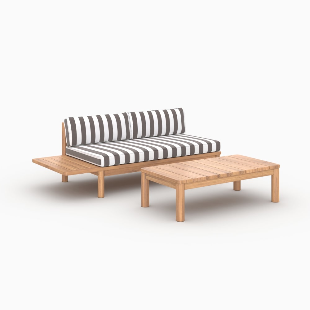 Salon de jardin 2 personnes en teck massif et tissu rayé gris