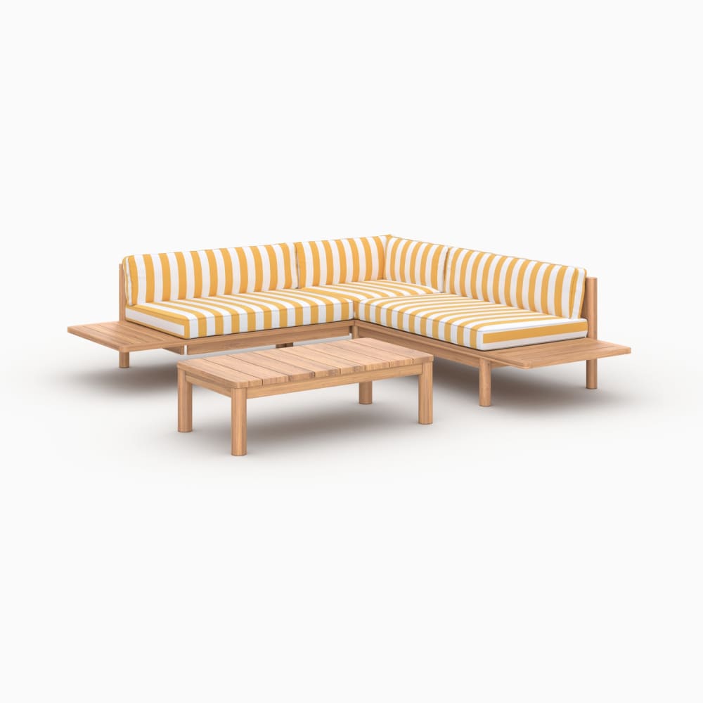 Salon de jardin 4 personnes en teck massif et tissu rayé jaune