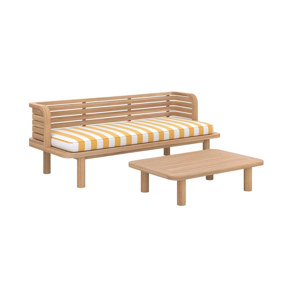 Salon de jardin 2 places en teck et tissu rayé jaune, canapé