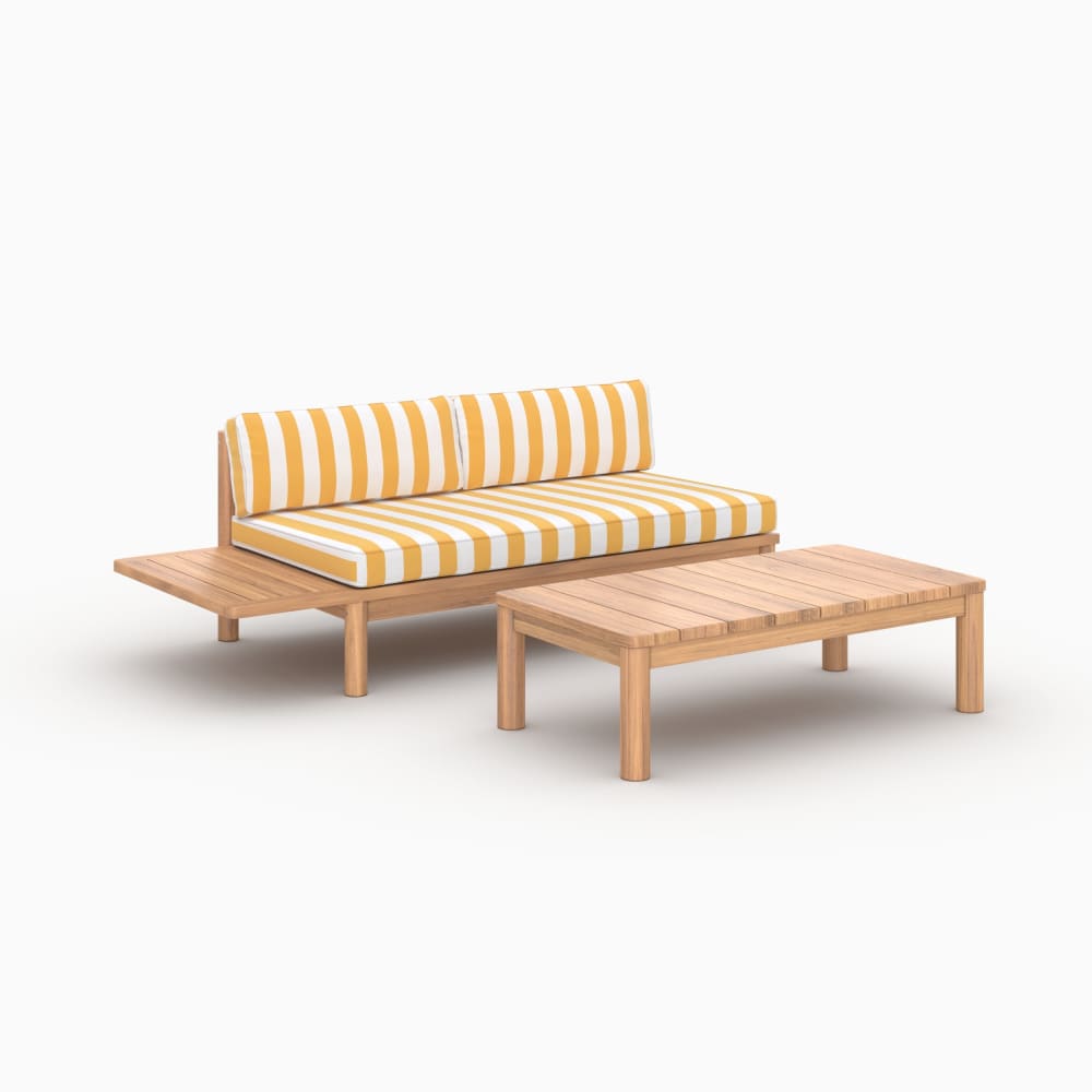 Salon de jardin 2 personnes en teck massif et tissu rayé jaune