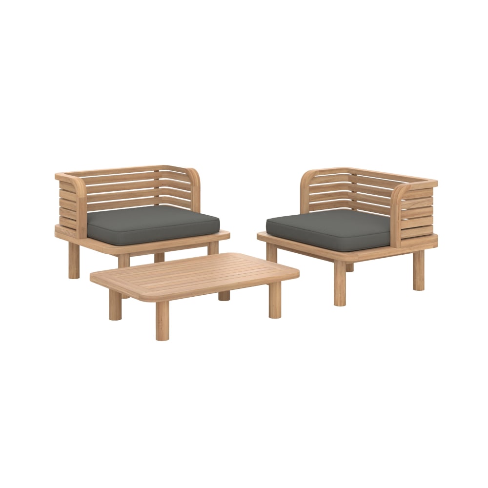 Salon de jardin 2 places en teck et tissu gris, 2 fauteuils