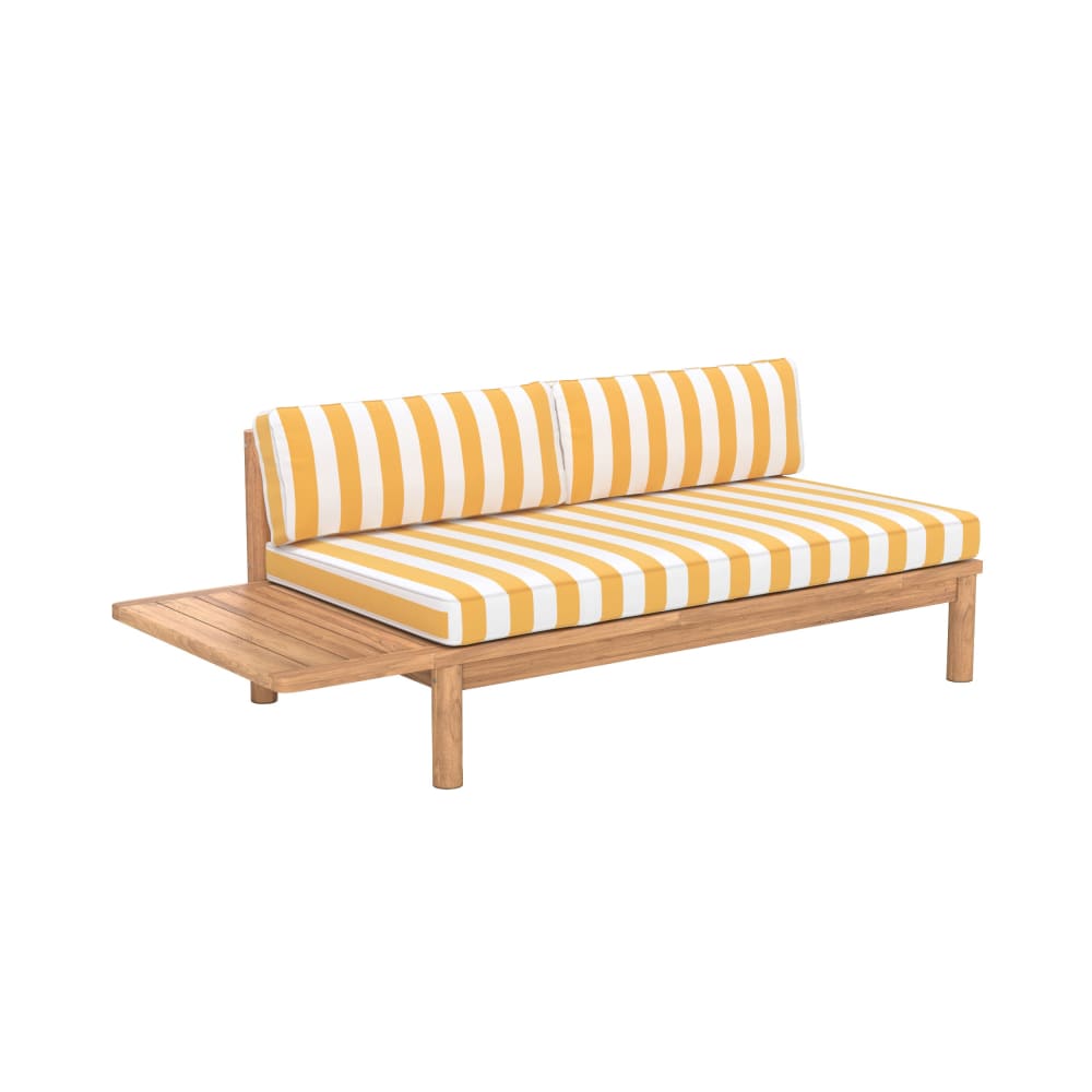 Canapé de jardin en teck massif et coussins rayés jaunes 2 places
