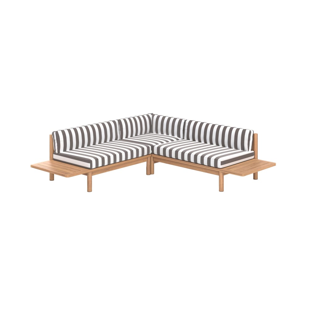 Canapé d'angle de jardin, teck massif et coussins rayés gris 4 places