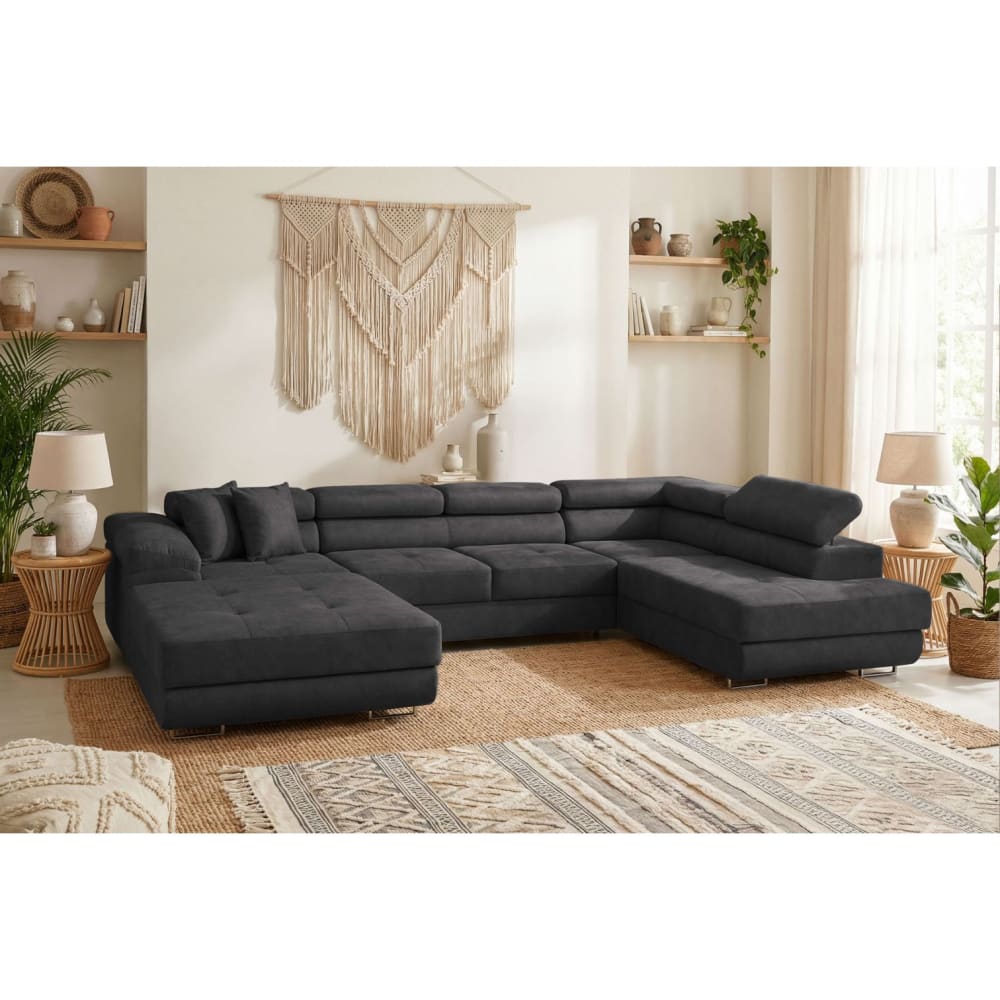 Canapé panoramique 6p FLAVIO convertible 2 coffres en tissu gris foncé