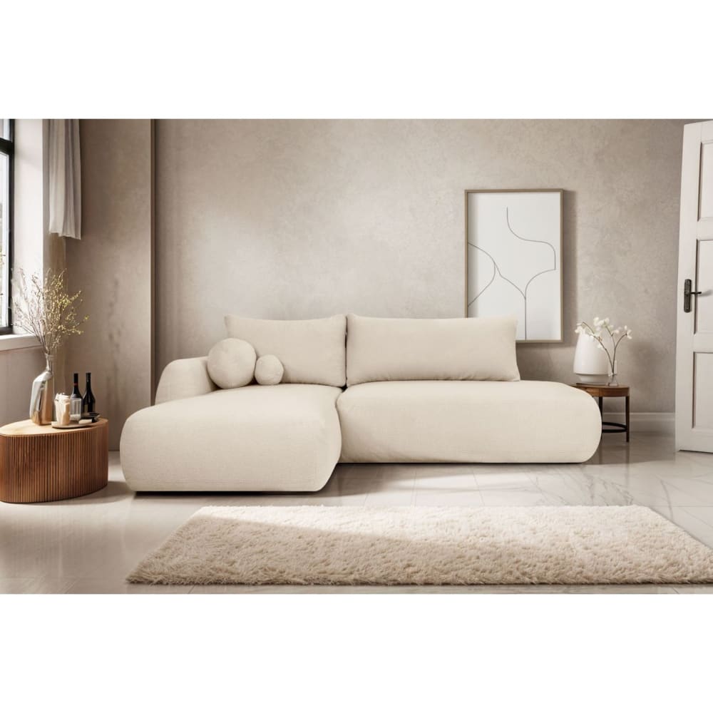 Canapé d'angle gauche convertible 5p fabio en tissu bouclette - blanc