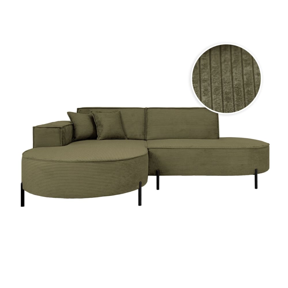 Canapé d'angle gauche 4 places MARLON en velours côtelé vert kaki