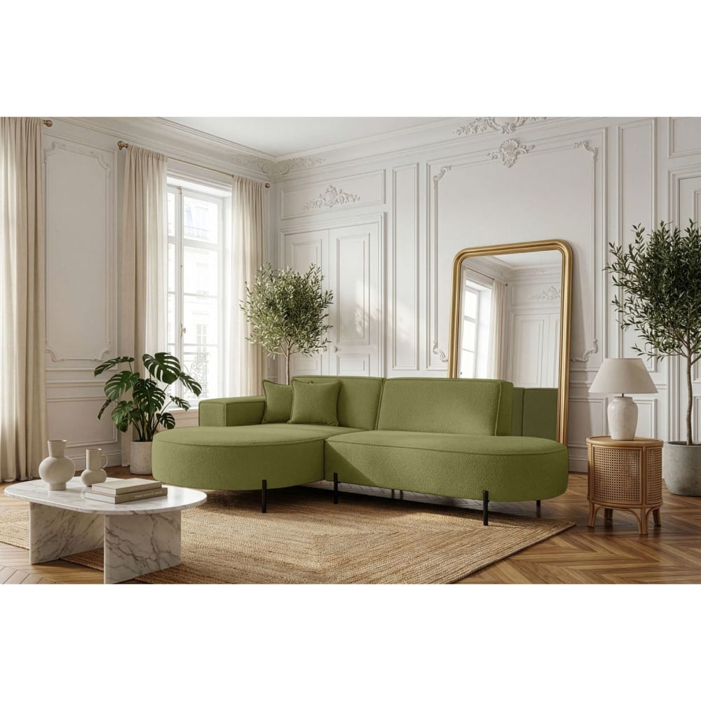 Canapé d'angle gauche 4 places marlon en tissu bouclette vert kaki