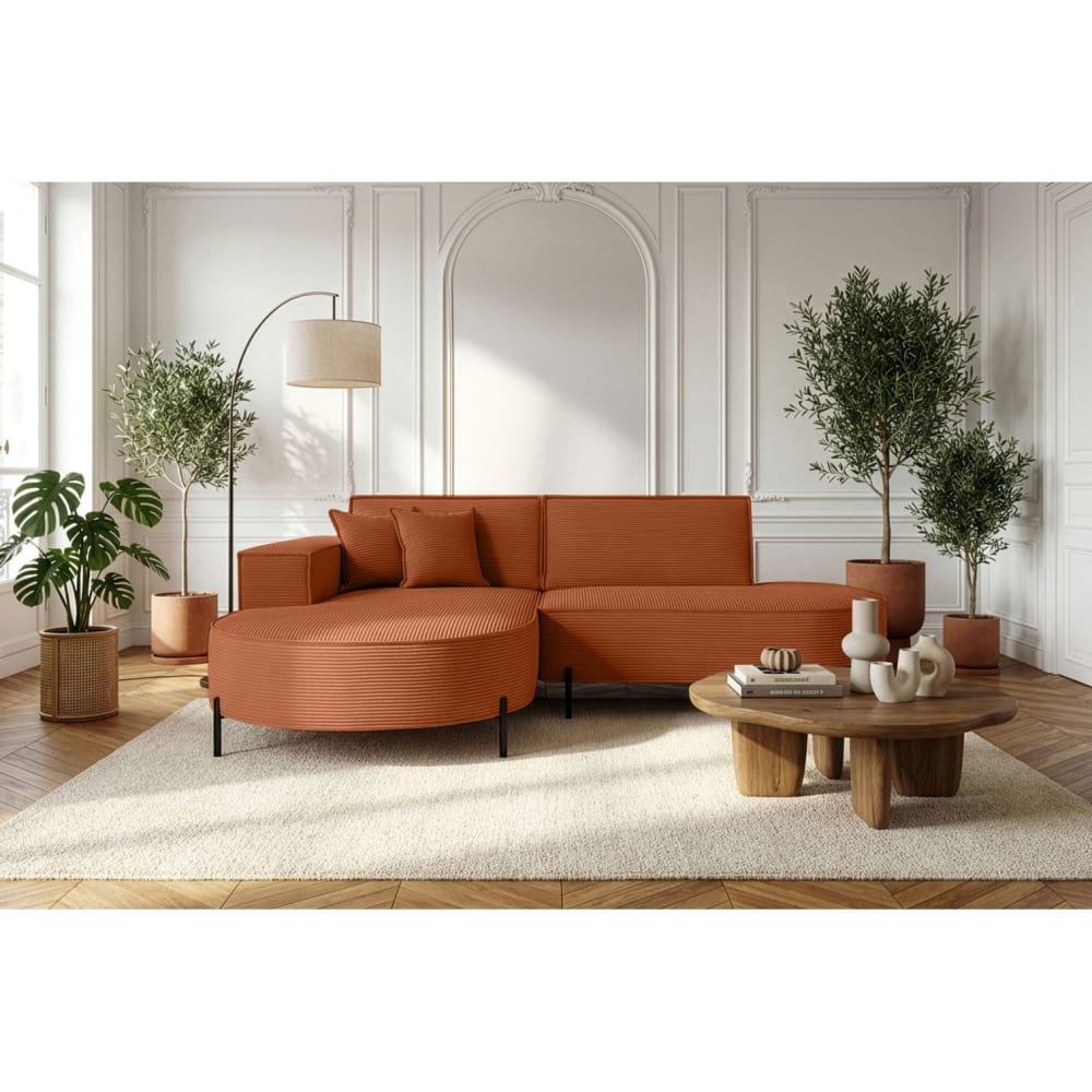 Canapé d'angle gauche 4 places MARLON en velours côtelé terracotta