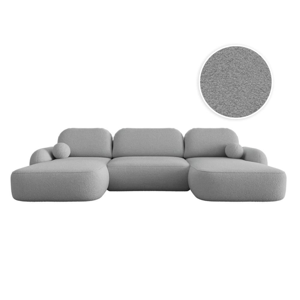 Canapé panoramique convertible 6p MILLY en tissu bouclette gris clair