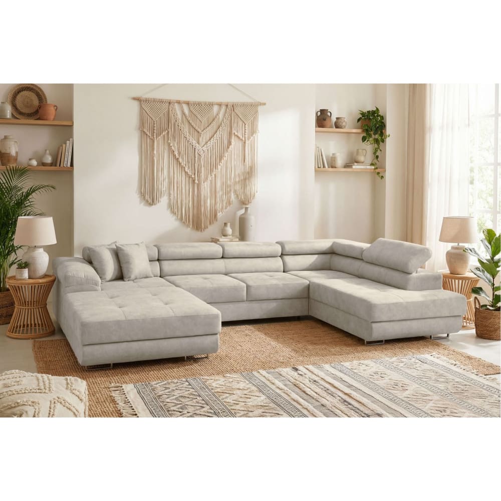 Canapé panoramique 6p FLAVIO convertible 2 coffres en tissu gris clair