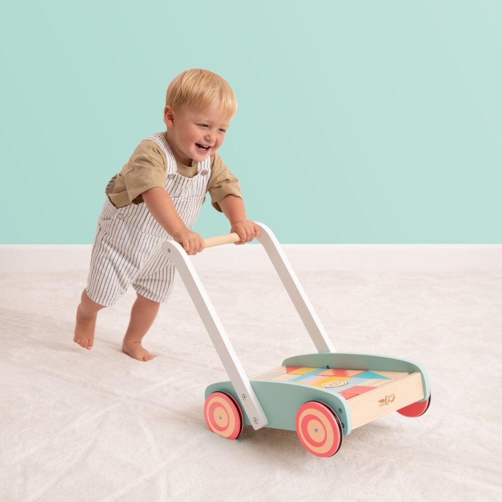 Lauflernwagen mit Bausteinen Holz FSC® Mehrfarbig - Maisons Du