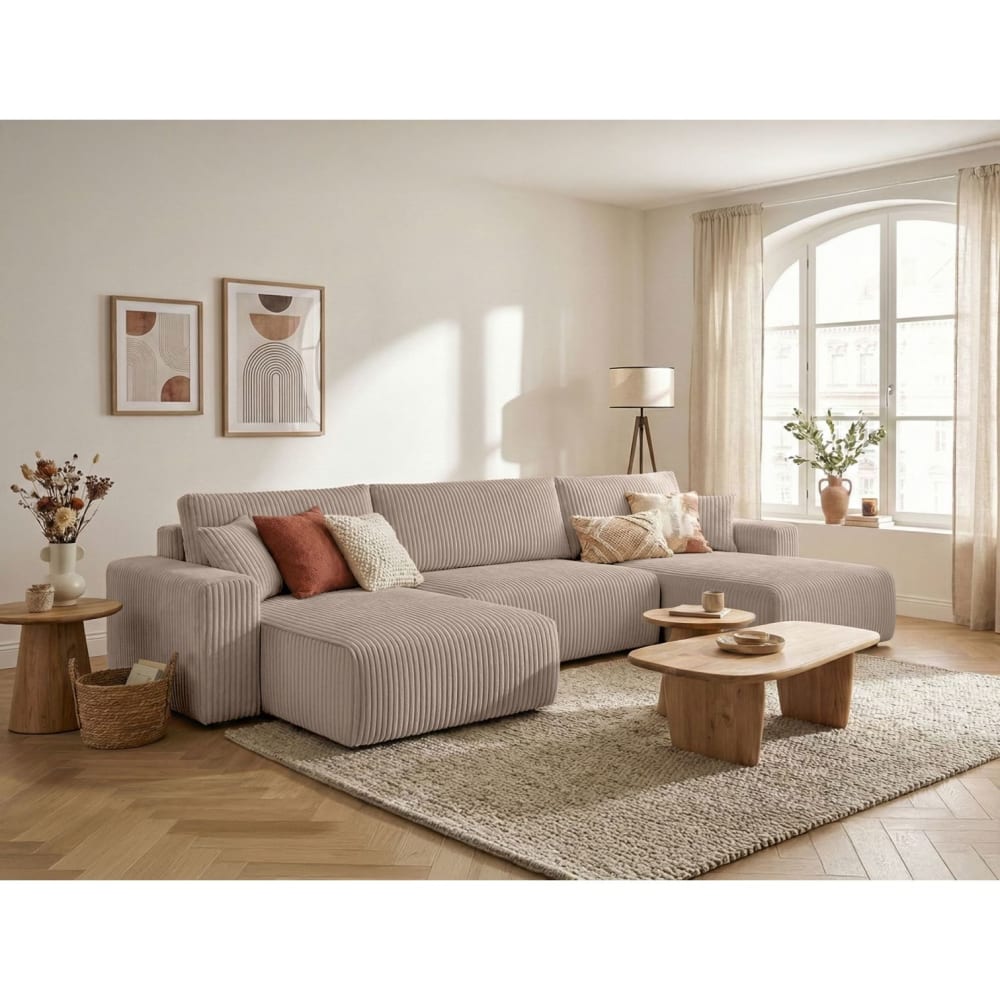 Canapé panoramique convertible 6p ALYA velours cotelé épais taupe