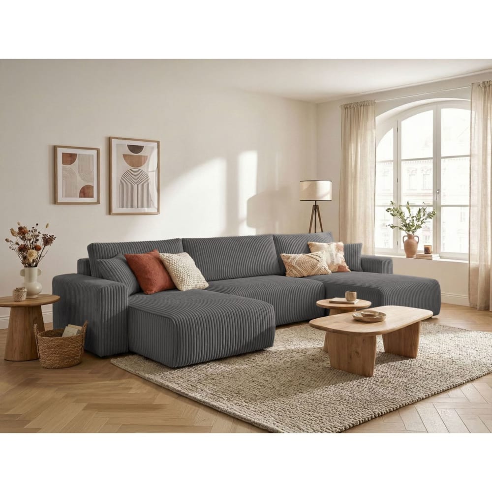 Canapé panoramique convertible 6p ALYA velours cotelé épais gris foncé