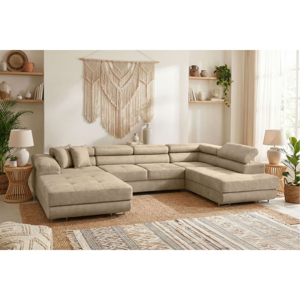 Canapé panoramique 6p FLAVIO convertible 2 coffres en tissu beige