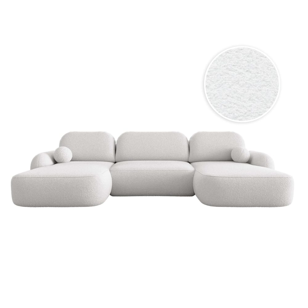 Canapé panoramique convertible 6p MILLY en tissu bouclette blanc