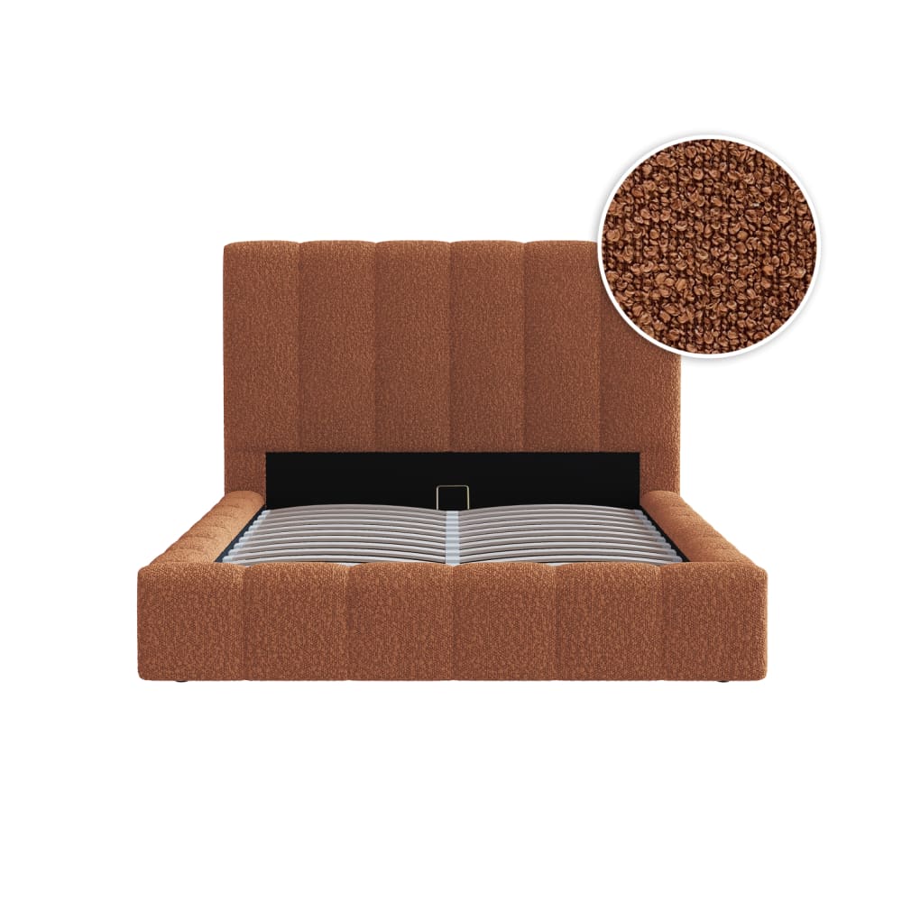 Cadre de lit rembourré et coffre tissu bouclette terracotta 160x200cm