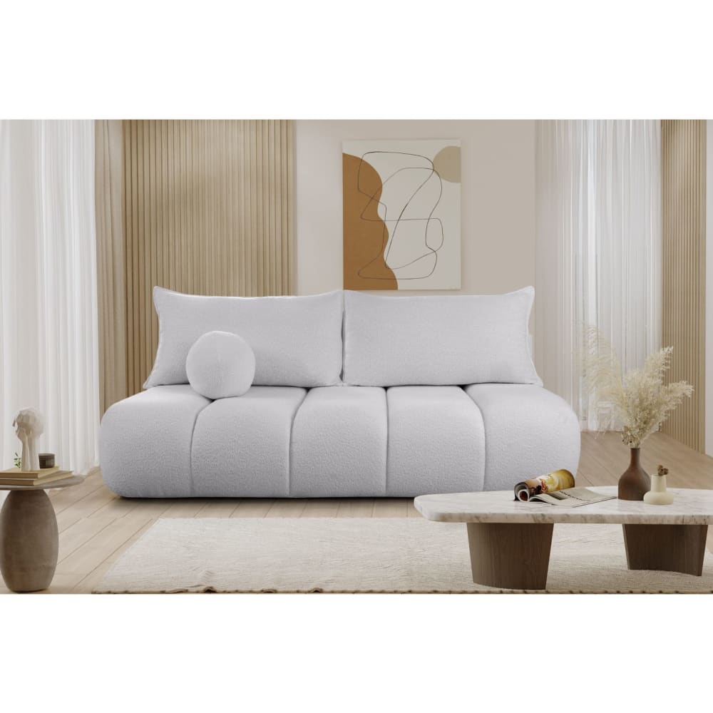 Canapé convertible droit 3 places merry en tissu bouclette gris clair