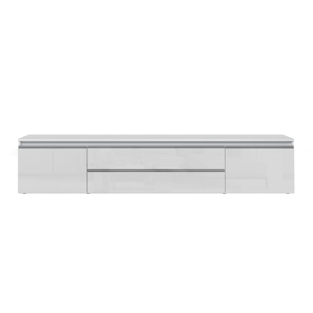 Meuble tv 2 portes 2 tiroirs 240 cm effet bois blanc brillant