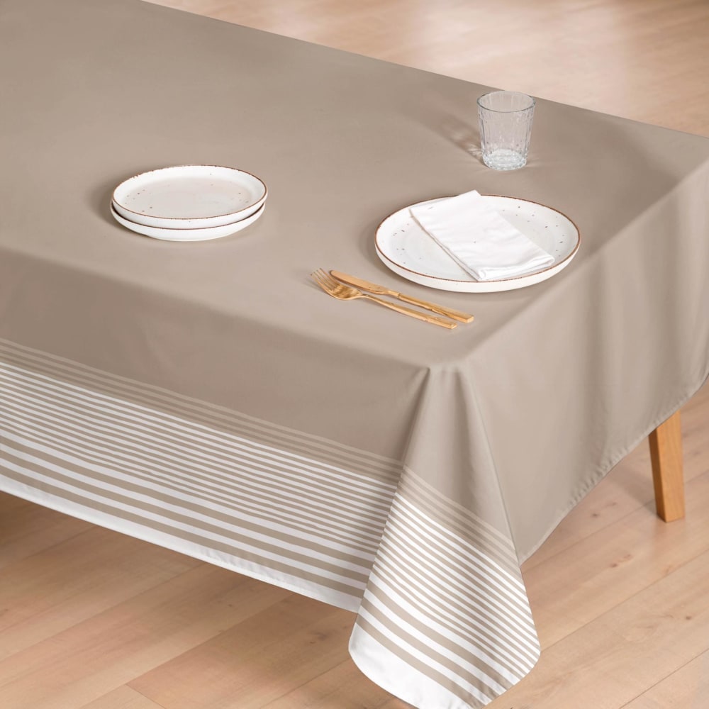 Beige fleckabweisende Baumwoll-Tischdecke mit weißen Streifen