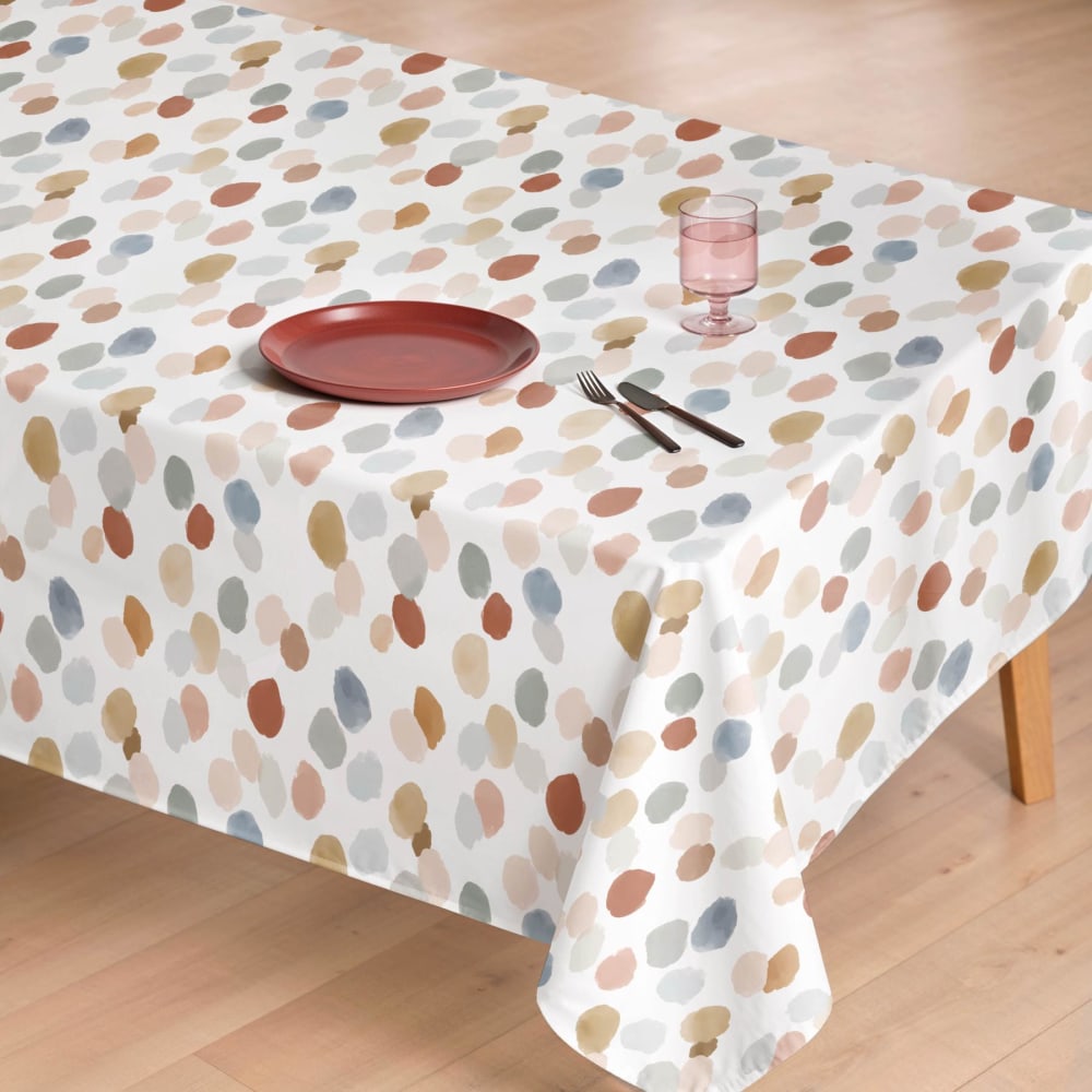 Weiße fleckabweisende Baumwoll-Tischdecke bunte Flecken 155x100 -