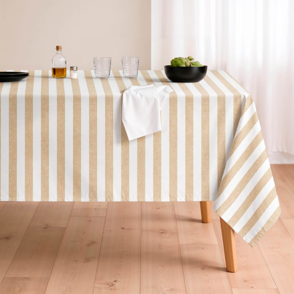 Nappe antitache en coton à larges rayures beige 155x200