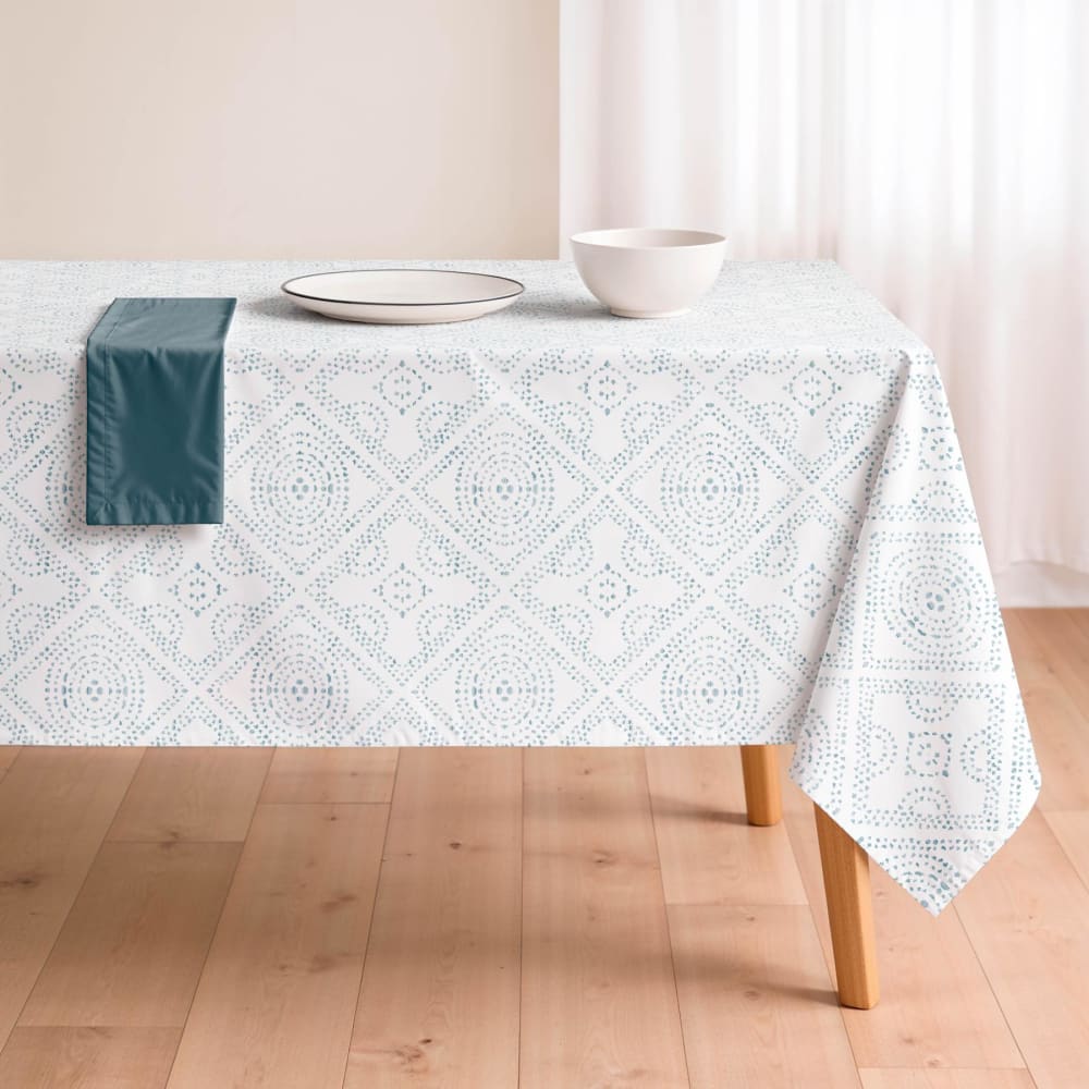 Nappe blanche antitache en coton motif mosaïque bleu 155x100