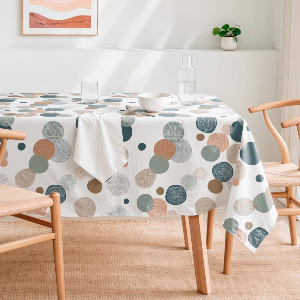 Tovaglia bianca antimacchia in cotone cerchi multicolore 155x300