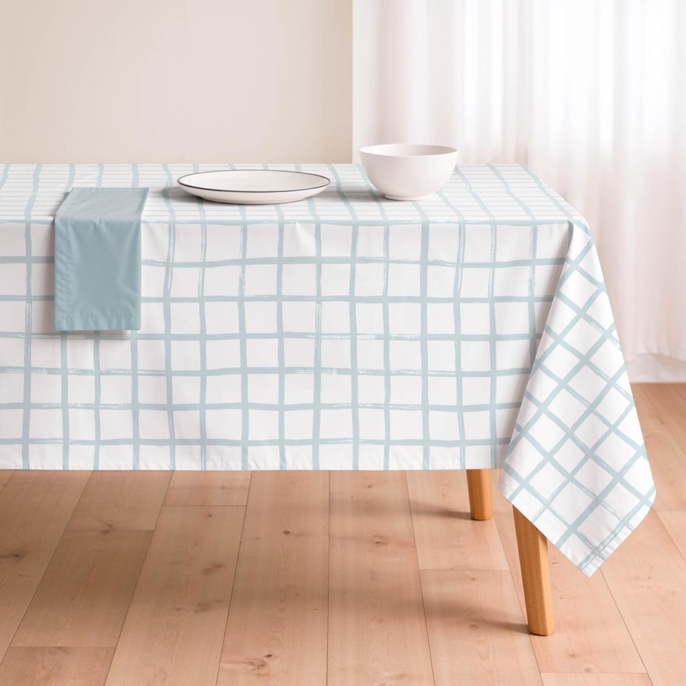 Nappe bleue antitache en coton motif carreaux 155x200