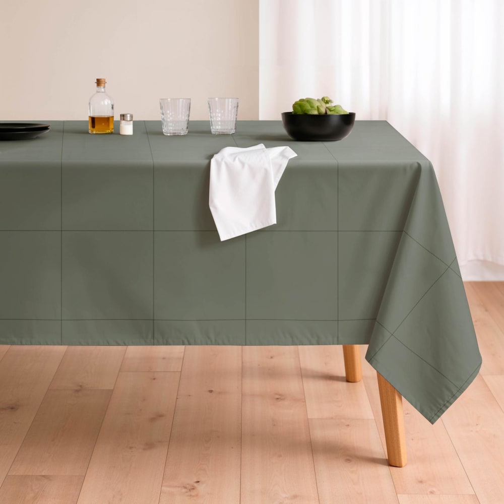 Nappe vert olive antitache en coton motif carreaux 155x155