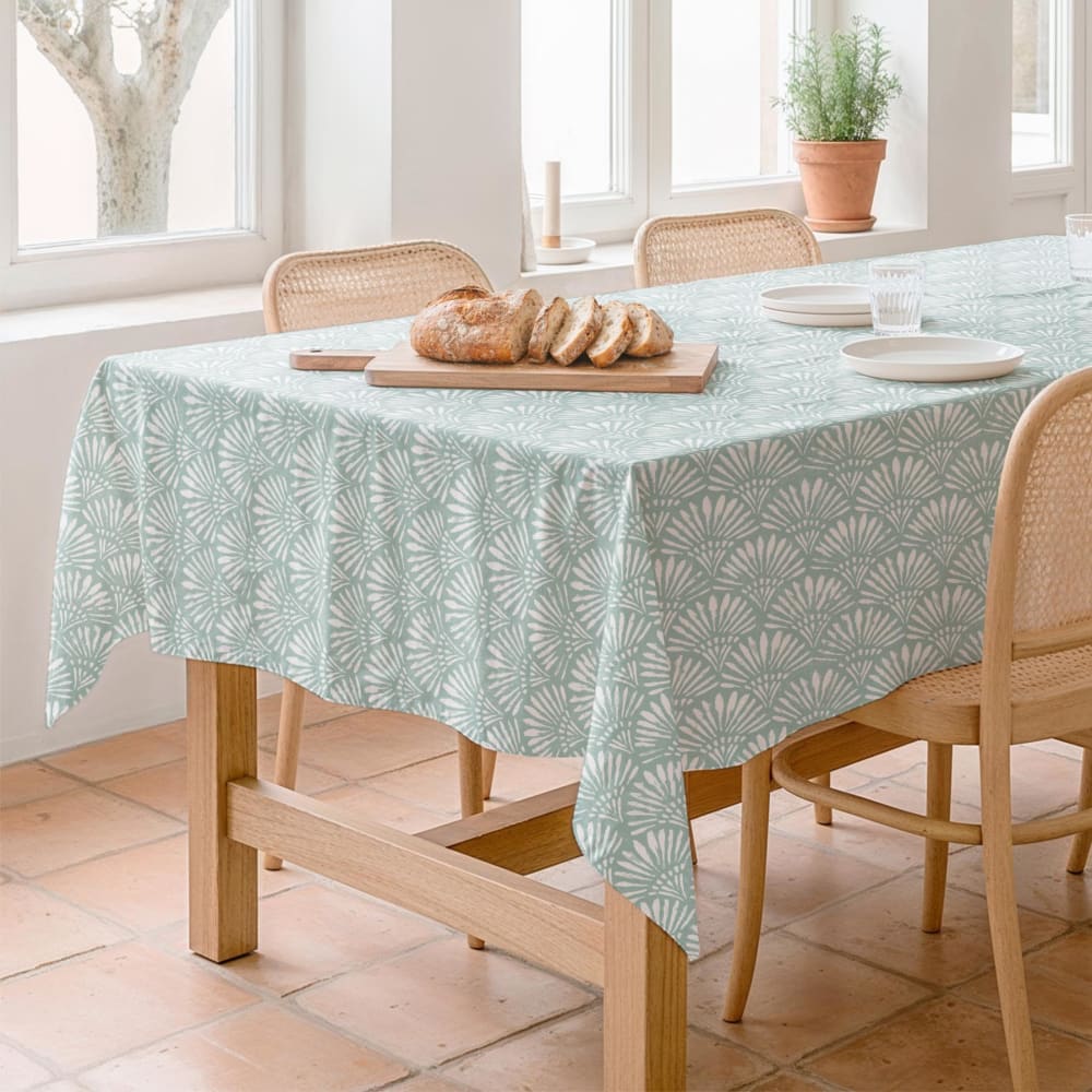 Nappe antitache en coton bleu motif éventail 155x100
