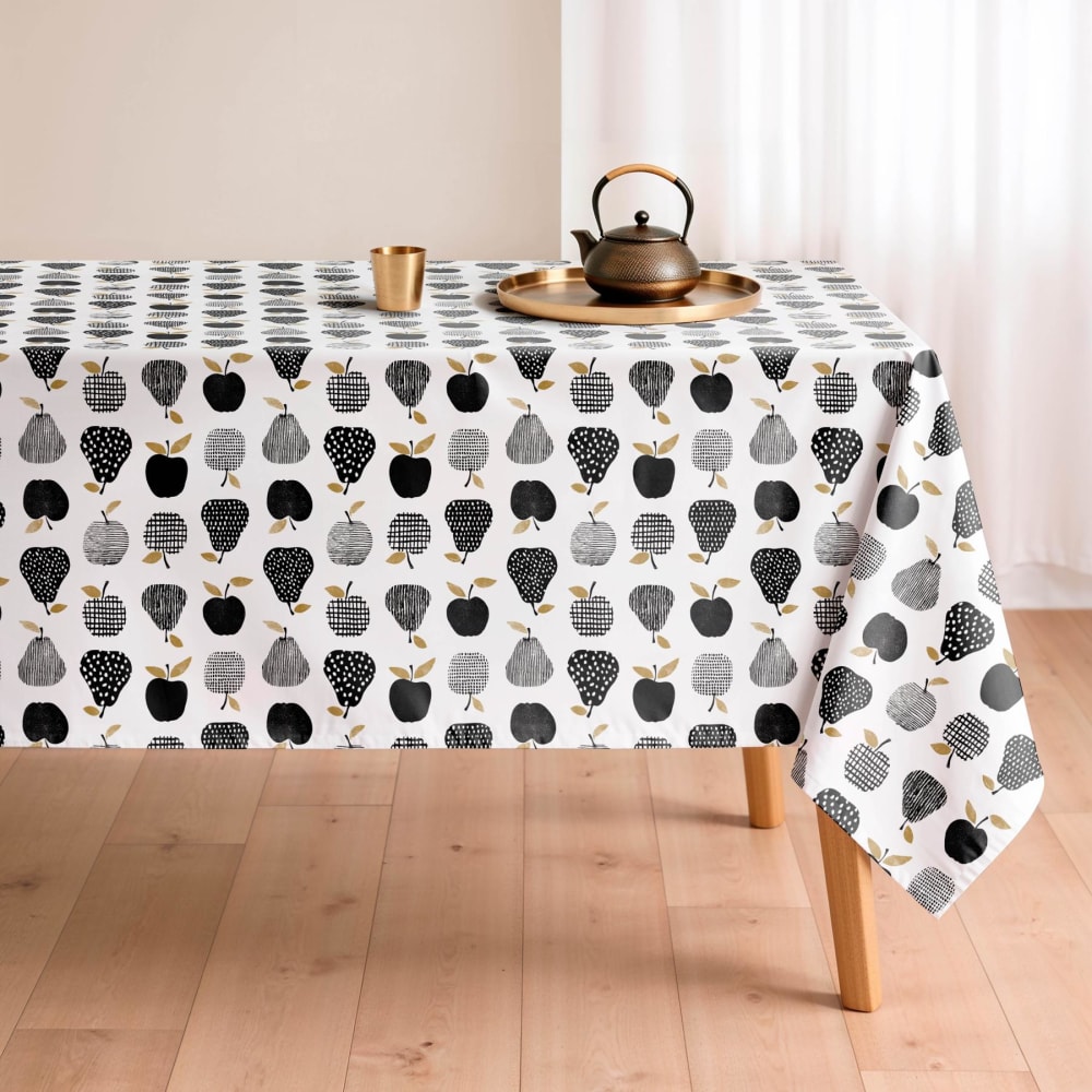 Nappe blanche antitache en coton motif pommes et poires 155x155