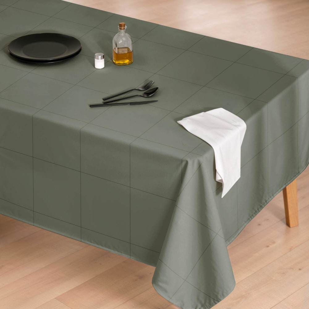 Olivgrüne fleckabweisende Baumwoll-Tischdecke Karomuster 155x250