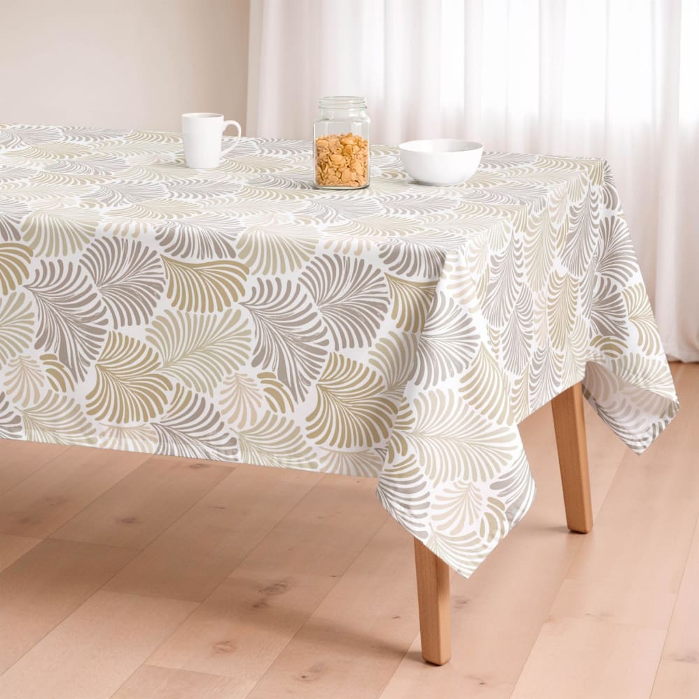 Nappe beige antitache en coton motif feuilles tropicales 155x200