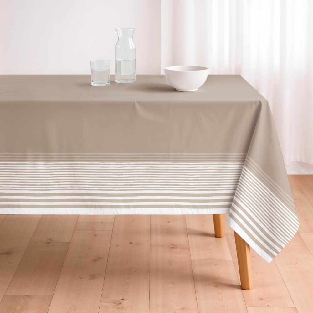 Nappe beige antitache en coton à rayures blanches 155x155