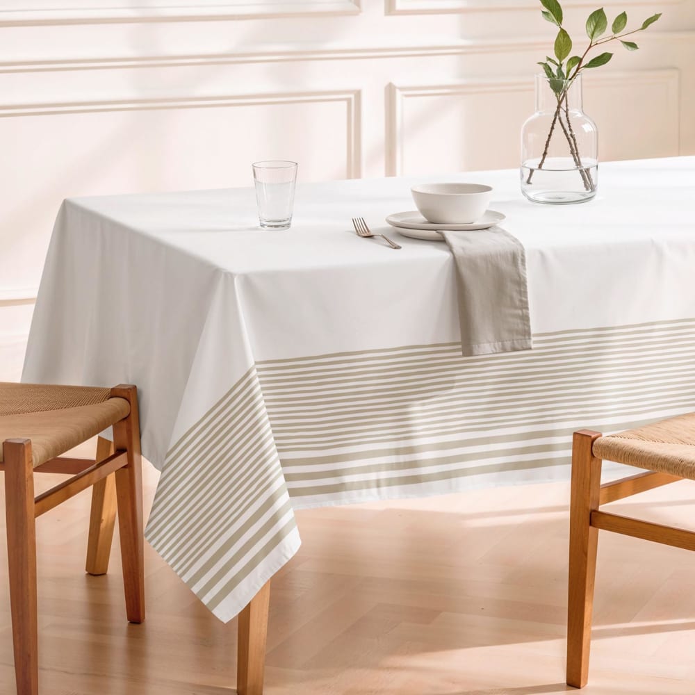 Nappe antitache en coton bicolore à rayures beige 155x100