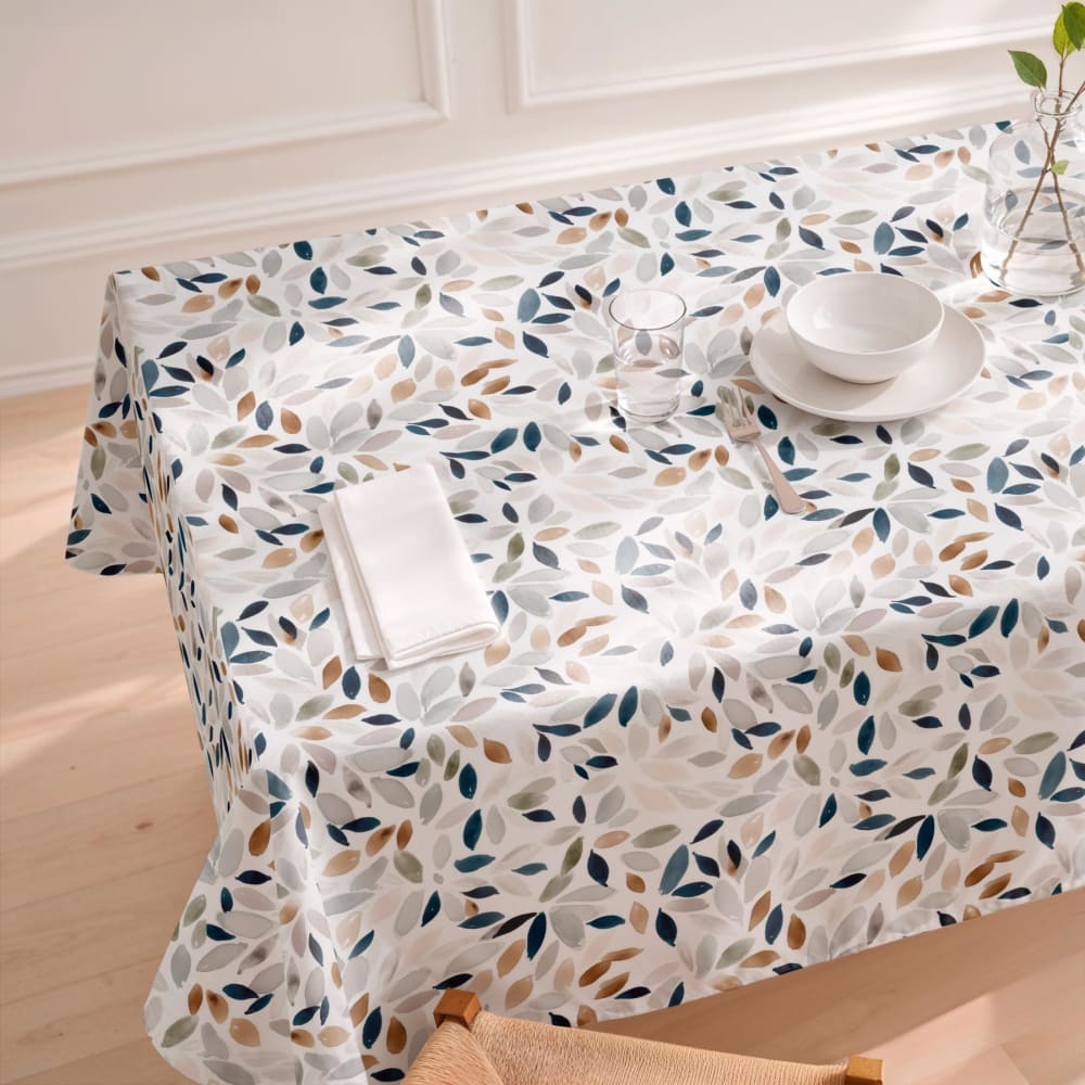 Nappe blanche antitache en coton motif feuilles multicolores 155x200