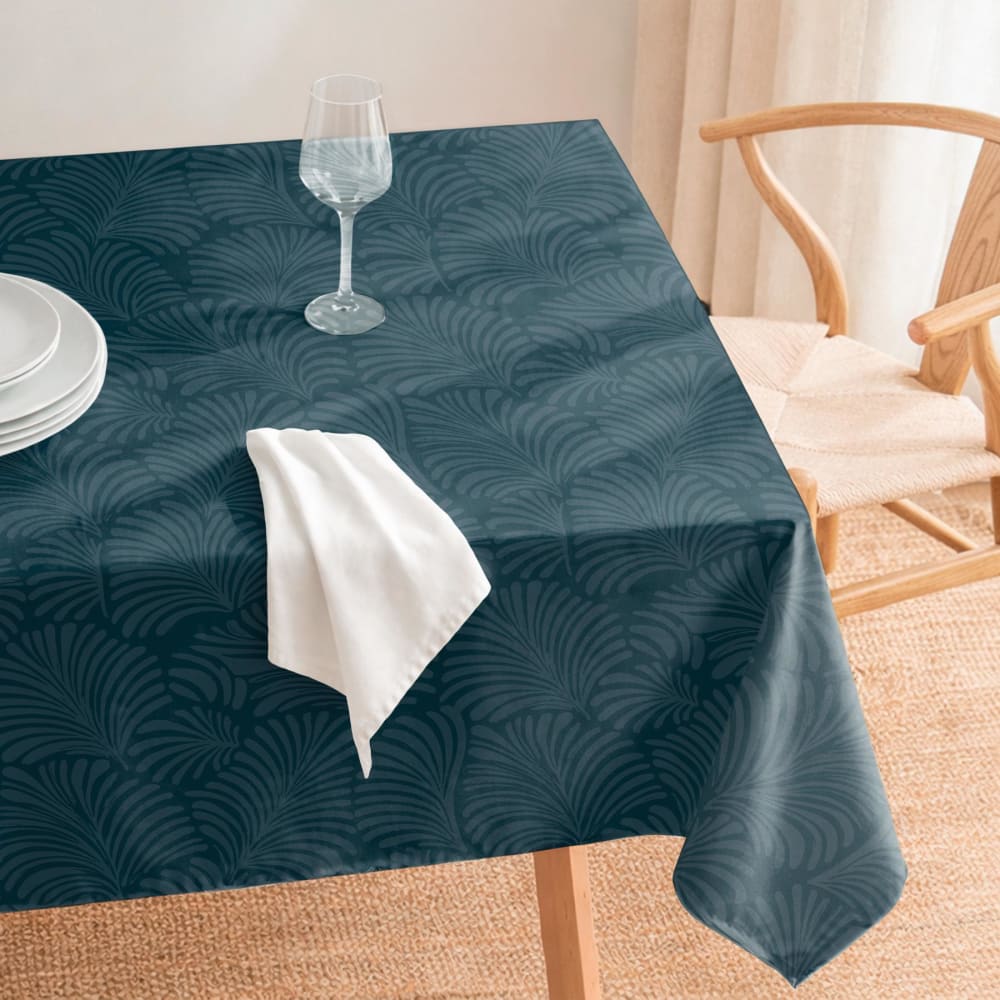 Petrolblaue fleckabweisende Baumwoll-Tischdecke Fächerblättern