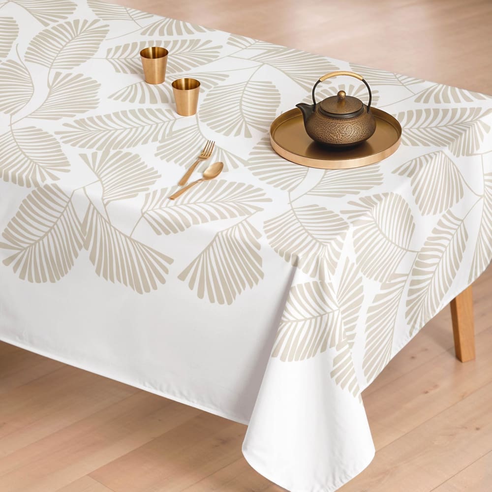 Nappe blanche antitache en coton motif feuilles tropicales 155x250